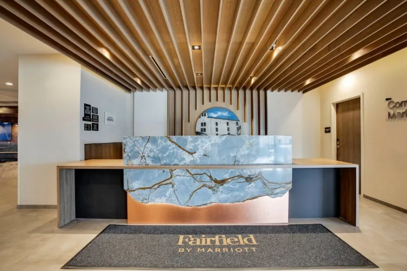 The check-in desk at the Fairfield Inn in Bardstown, Kentucky