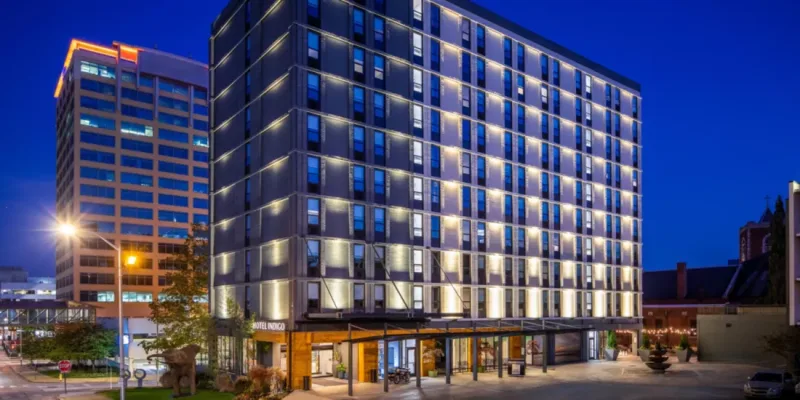 Exterior photo of Hotel Indigo at night